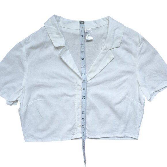 Simons White Cropped Linen T-Shirt with Buttons Women Size Medium - Picture 4 of 9